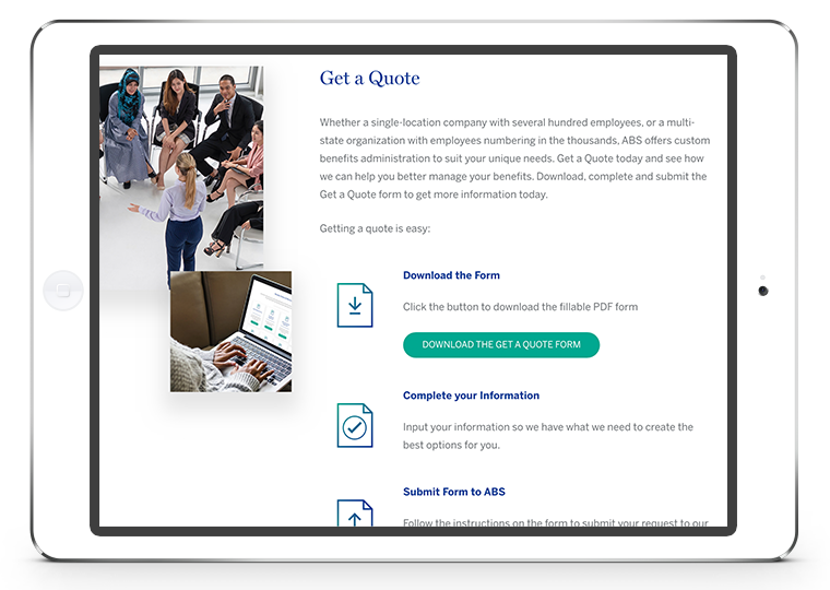 Get a quote webpage on an iPad tablet