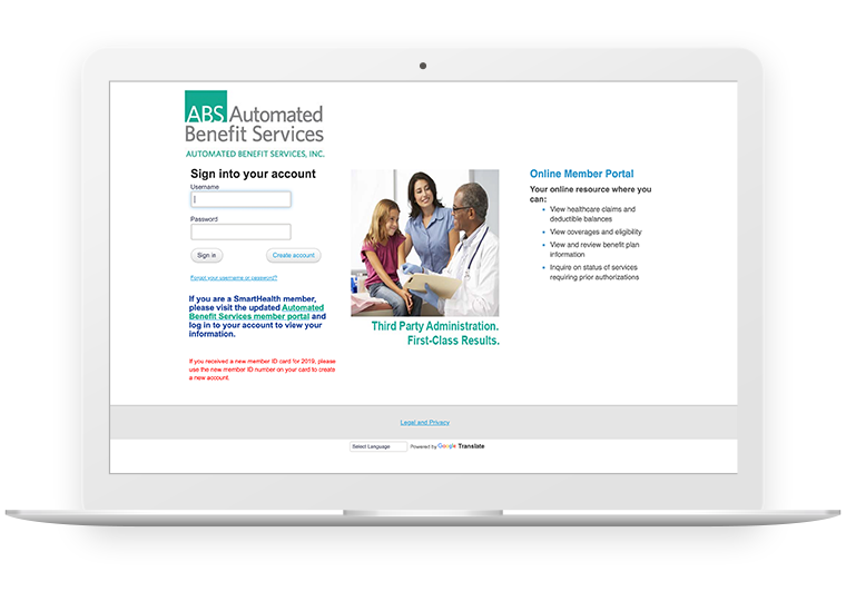 Laptop displaying the ABS online member portal sign in page